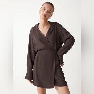 & Other Stories Collared Wrap Brown Long Sleeve Mini Dress Size 36 100% Viscose